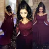 Deep Burgundy Two-Piece Prom Klänningar Sheer Jewel-Neck Beaded Lace Appliques Långärmad Party Dress Sexig En Line Sweep Train Aftonklänningar