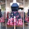 Dark Marynarka Wojenna Sukienki Red Floral Printed Satin A-Line Długość Kolana Spódnica Gorset Niska Powrót Formalne Koktajl Homecoming Suknie Tanie 2019