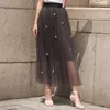 2017 boho kjolar kvinnor kläder högkvalitativ mjuk tulle med blommiga pärlor elastiska midja långa kjolar svart, grå, mörkgrön billig