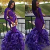 Ruffles Tiered Purple Prom Klänningar Se igenom Jewel Neck Applique Långärmade Formella Aftonklänningar Sexig Sheer Back Mermaid Party Dresses