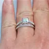 Fashion 10KT White Gold Filled Pink and White Square Diamond CZ gemstone Rings sets Wedding Bride Band Jewelry sert for Women 2-in-1