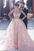 2020 Evening Dresses Wear Arabic Dubai Pink 3D Floral Flowers Ball Gown Over skirts Lace Appliques Plus Size Formal Party Dress Prom Gowns