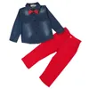 2018 New Fashion Abbigliamento per bambini Primavera Autunno Neonati Imposta bambini Camicia a maniche lunghe in denim con fiocco in denim + pantaloni rossi 2 pezzi