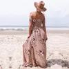 Boho stijl lange jurk vrouwen uit schouder strand zomer jurken bloemen print vintage chiffon wit maxi vestidos de festa