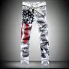 Printed Design Jeans Men American Flag Stars Straight Pants Slim Fit Stretch Trousers