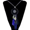 idealway 4 Colors Bohemian Fashion Silver Plated Leather Double Chain Resin Feather Tassel Dreamcatcher Pendant Necklace