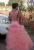 Roze v-hals prom dresses 2k18 pailletten kralen zeemeermin avondjurken plus size tule ruches pure back Afrikaanse vrouwen formele feestjurk