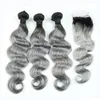 8A Klasa Peruwiańska Szare Włosy Splot z Closure Body Wave Two Tone Ombre 1b Srebrny Szary Ombre Human Hair Bundles i Koronki Zamknięcia