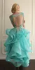 Jewel Sheer Neckline High Low Short Homecoming Dresses Turquoise Prom Gowns With Lace Applique Backless Ruffles Cocktail Gowns Cus8786982