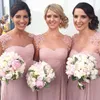Modest Cheap Jewel Neck Sheer Bridesmaid Dresses Pink Chiffon Floor Length Wedding Dresses Plus Size Empire With Flowers Party Gowns