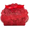 KOSTENLOSER VERSAND 50 Stück lasergeschnittene rote Spitzen-Blumenkästen mit Band, Party-Halter, Hochzeitsbevorzugungen, Partyzubehör, Geschenkboxen, Süßigkeitskästen