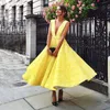 Fabulous Wedding Guest Dress Light Yellow Sexy Plunging Party Dresses A Line Sleeveless Lace Tea Lengt Backless Formal Gowns