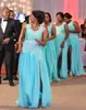 Hellhimmelblaues Chiffon-Brautjungfernkleid in Übergröße, Spitzenapplikationen, seitlicher Schlitz, Trauzeugin-Kleider, günstige formelle Partykleider für Hochzeitsgäste