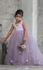 Lovely Lavender Lilac Puffy Tulle Kids Formal Wear Gowns Flower Girl Dresses with Hand Made Flowers Backless Arabic Girls Pageant Gown 2022