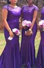 2017 South African Long Mermaid Purple Bridesmaid Dresses Fahsion Short Sleeve Beaded Bow Satin Floor Length Party Gowns Nigeria Custom Made