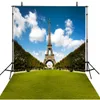 Cenários de vinil para a fotografia Eiffel Tower Backdrop Vista ao ar livre Céu Azul Branco Nuvem Gramado Verde Casamento romântico fundo fotográfico