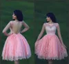 Princess Ball Gown Dresses Party Backless Crystal Bling Prom Lace Pink Dress Sweet 16 Girls Beautiful High Quality Formal Wear Knee Length