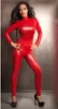 Najwyższej Jakości Kobiety Fantasia Sexy Red Faux Leather Catsuit Gothic Fetish Costume Front Zipper Kombinezon Biegun Dance Costume Stretty Leotard