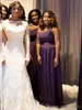 Uva roxo um ombro dama de honra vestidos de faixa de comprimento do soalho lado dividido casamento vestido pregos simples vestidos de dama de honra barato