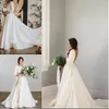 Изящное 3/4 с длинным рукавом свадебное платье Шея с драгоценными камнями с бисером Пояс с открытой спиной Свадебное платье Классическое A-Line свадебное платье Атласное длинное свадебное платье