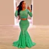 Green Lace Two Pieces Prom Dresses With Long Sleeves South African Plus Size Mermaid Evening Gowns Floor Length Women Formal Wear