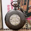 Wholesale-Black Flower Hollow Case Blue Roman Number Skeleton Dial Steampunk Mechanical Pocket Watch With Chain Gift To Men Women