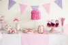 7x5ft födelsedag fotografering bakgrund Vinyl kakor dessert rosa lila flaggor söt nyfödd baby shower bakgrund för fotostudio