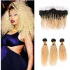 Two Tone 1B 613 Dark Root Ombre Богородица человеческих волос Пучки Afro Kinky завитые С 13 * 4 Blonde уха до уха Кружева Фронтальная Закрытие