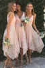 2017 Asymmetrical High Low Boho Pink Prom Party Dresses In Stock Dark Navy V Neck Short Bridesmaid Dresses Bohemian Lace Wedding Guest Dress