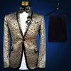 Men's Suits & Blazers Wholesale- Gold Suit Lastest Coat Pant Design Pus Size 4xl 5xl 6xl Costume Homme Wedding For Men Stage Tuxedo Silver B