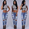 Vente en gros- 2016 Mode Femmes Dames Jeans Déchiré Skinny Denim Trou Coupe Pantalon Taille Haute Bleu