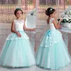 Spring Flower Girl Dresses Sheer Appliqued Jewel 3/4 Sleeves Baby Girl Children Party Dress Sweep Train Gowns For Communion With Bow