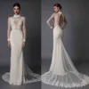 Abiti da sposa lunghi con maniche a sirena Berta Applicazioni in pizzo Collo alto Perline Abiti da sposa a coda di pesce con illusione sexy sul retro