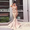 South African Dusty Pink Mermaid Prom Dresses With Gold Appliques Sexy Neck Sleeveless Satin Evening Gowns Sweep Train Party Dress