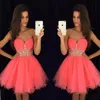 Gorgeous Short Homecoming Dresses Coral Pink Tulle Party Dress Sweetheart Sleeveless Crystals Cheap Custom Made Graduation Prom Dress