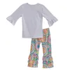Wholesale- Girls Spring Clothes Set White Top With Tee Shirts Colorful Vintage Ruffle Pant Kids Clothing Boutique Cotton Outfits E001