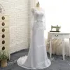 Elegante witte applique zeemeermin jurken avondkleding V-hals Hollow Back lange mouwen Sweep Train Prom-jassen