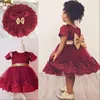 2017 Lovely Knee-Length Flower Girl Dress Lace-Applique Golden Sequins Tulle Baby Girls' Birthday Outfits Cute Baby Girls Communion Dresses