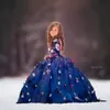 2017 Pretty Fairty Blumenmädchenkleid Stehkragen Langarm 3D Blumenapplikationen Mädchen Festzug Kleider Schöne handgemachte Blumen Geburtstagskleid