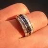 Moda 10KT Ouro cheio de Princesa-corte Quadrado Cubic Zirconia Azul Anéis de Gemstone Wedding Band Jóias para Mulheres Dos Homens