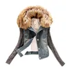 Wholesale- Casaco Feminino Winter Women Fashion Denim Jacket Movable Furs Collar Wool Coat Bomber Jacket Jean Women Basic Coats