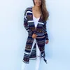 Toptan-Moda Kadınlar Uzun Kollu Kazak Örme Hırka Gevşek Kazak Ceket Ince Ceket Şerit Baskılı Uzun Dış Giyim