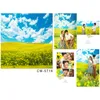 Décors de photographie de mariage de style campagnard fleurs jaunes nuages blancs ciel bleu arrière-plans de séance photo scénique en plein air pour studio