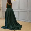 Hunter Green Split Formal Jurken Avondkleding met Afneembare Trein Beaded Scoop Hals Overskirt Avondjurken Sweep Trein Prom Dress