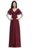 Wholesale Price Dark Red Long Chiffon Evening Dresses V Neck Low Back Flowy A Line Evening Party Gowns with Speaker Sleeves Cheap Online