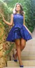 Mooie royal-blue korte prom jurk mode appliques juweel nek mouwloze homecoming jurk sexy mini feestjurken formele vrouwen avondjurk