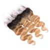 # 1B / 27 Mel Loira Ombre Cabelo Humano Brasileiro Cheia Do Laço 13x4 Orelha a Orelha Onda Do Corpo Frontal Castanho Claro Ombre Lace Frontal Encerramento