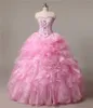 2017 Sexy Pink Crystal Ball Gown Quinceanera Klänningar med Beading Sequin Organza Lace Up Sweet 16 Dresses Vestido Debutante Gowns BQ08