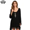 Partihandel-2016 Sommar Kvinnor Boho Tassel Klänning Kort Vestido Sexig Lace Virka Chiffong Tunika Hollow Black Beach Shirt Dress Blusa Hot Sale