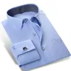 Toptan erkek düz renk fransız manşet elbise gömlek (kol düğmeleri dahil) uzun kollu klasik uygun kare yaka iç ekose gömlek